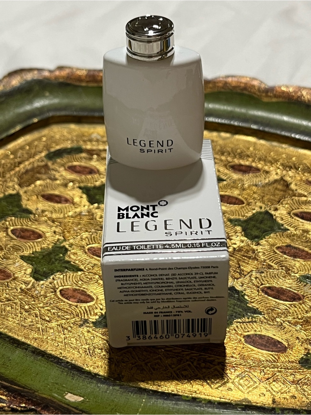 Montblanc Legend Spirit White Bottle with Silver Cap on Decorative Tray
